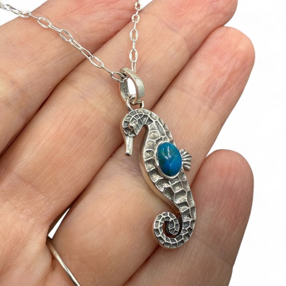 Natural Blue Chilean Opal Seahorse Pendant Necklace 925 Sterling Silver Handmade - Picture 4 of 7